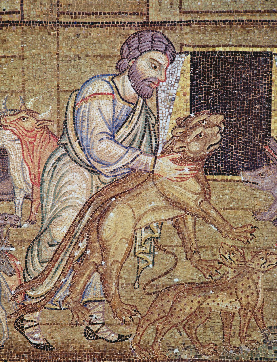 O dilúvio, do átrio, detalhe de Noé colocando animais selvagens na arca (mosaico) (detalhe de 249414) de Byzantine School