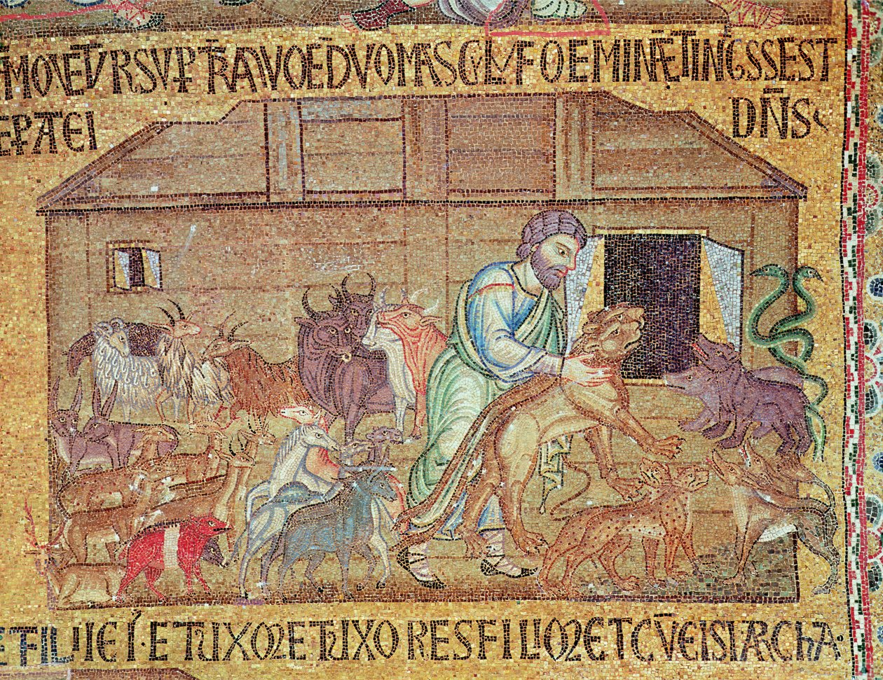 O dilúvio, do átrio, detalhe de Noé colocando animais selvagens na arca (mosaico) de Byzantine School