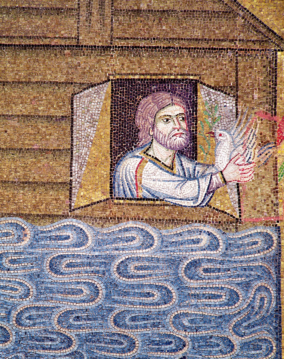 O dilúvio, do átrio, detalhe de Noé recebendo a pomba branca (mosaico) de Byzantine School
