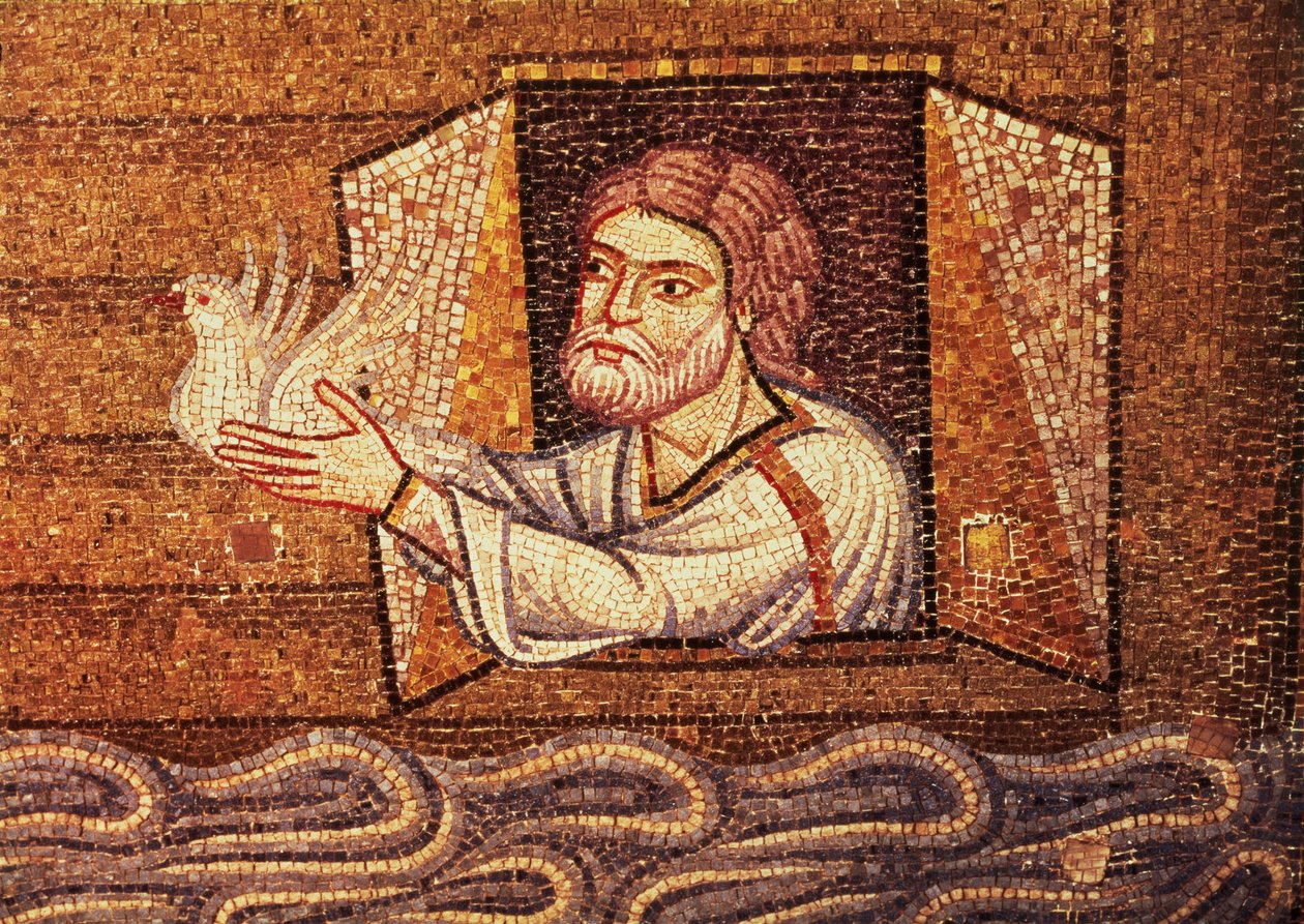 O dilúvio, do átrio, detalhe de Noé liberando a pomba branca (mosaico) de Byzantine School