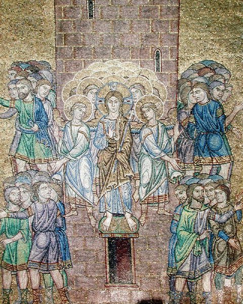 A Torre de Babel, detalhe de Cristo e santos dispersando os trabalhadores de Byzantine School