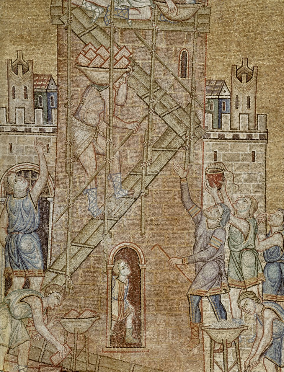 A Torre de Babel, do átrio, detalhe de construtores (mosaico) de Byzantine School