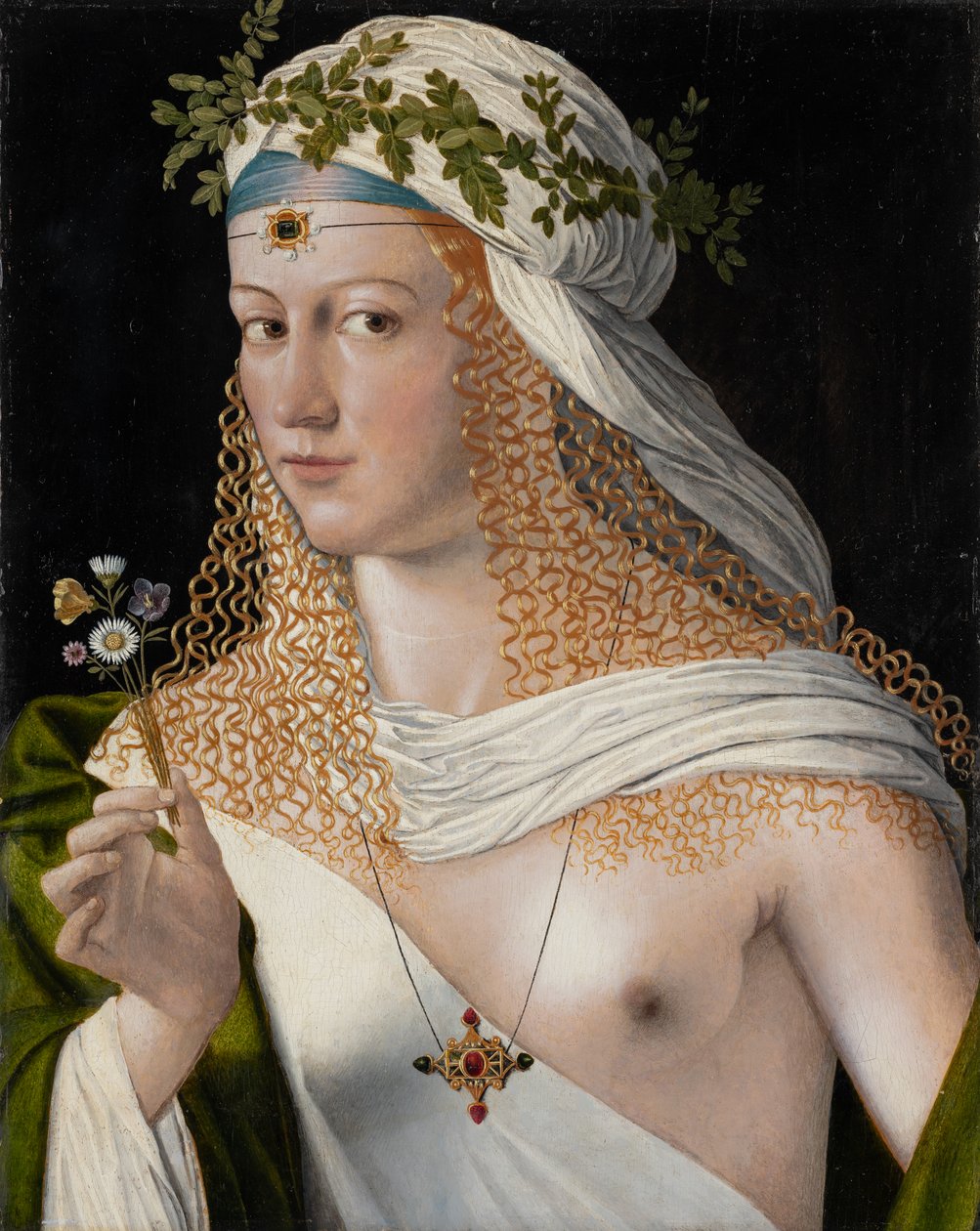 Retrato idealizado de uma jovem mulher como Flora, c.1520 (técnica mista sobre choupo) de Veneto Bartolomeo