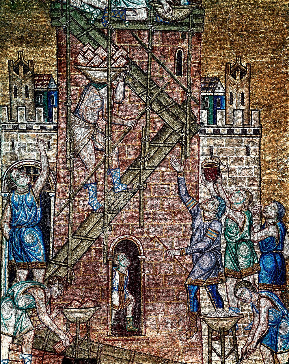 Arquitectura bizantina: "a construção da torre de Babel" No local, os trabalhadores machões, montados em andaimes, colocam as pedras da torre. Mosaico feito por artistas venezianos Basílica de San Marco (Basílica de São Marcos) do século XIII, Veneza de Veneto Byzantine School
