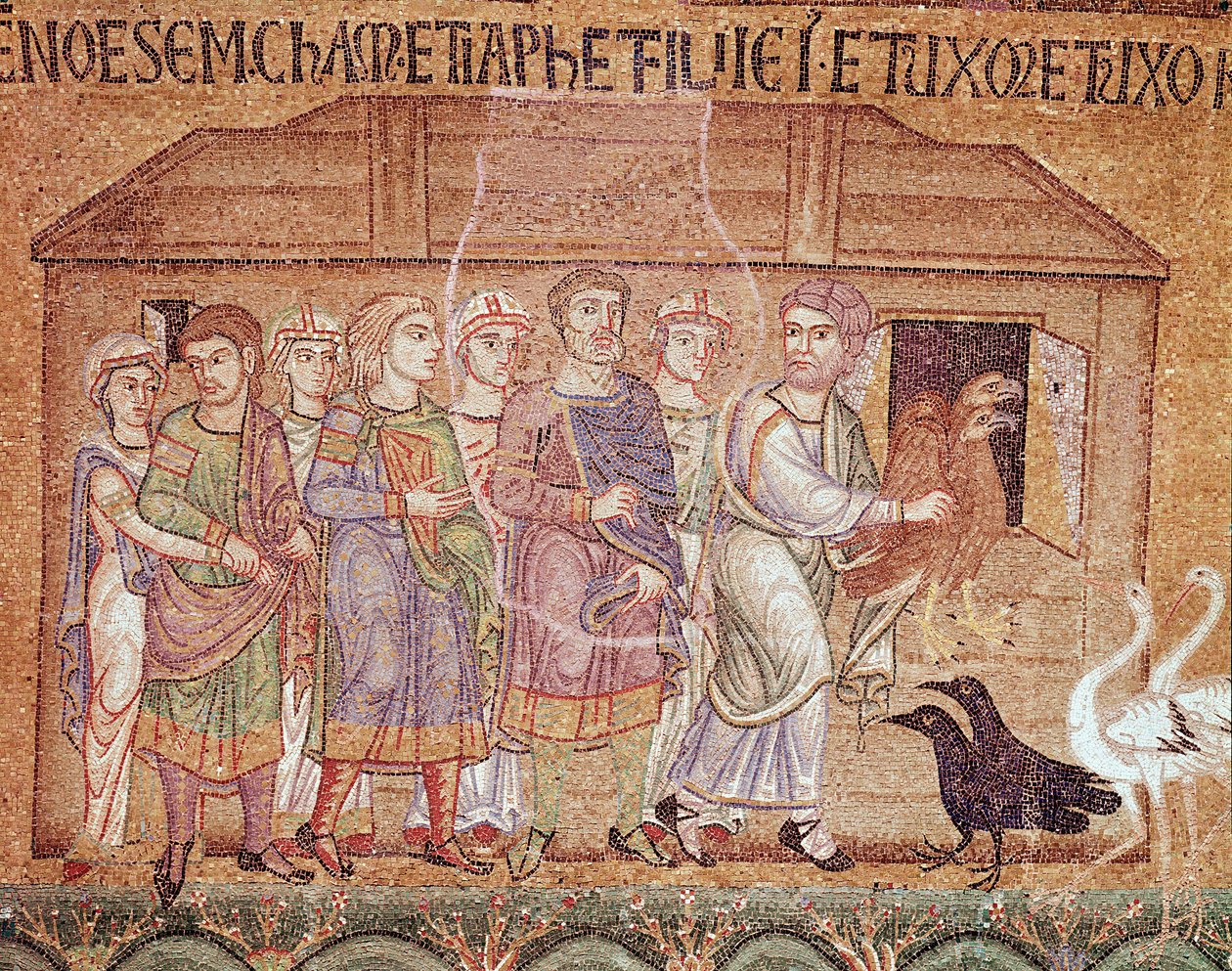 Vida de Noé, Noé conduzindo a sua família na arca (detalhe em mosaico de Veneto Byzantine School