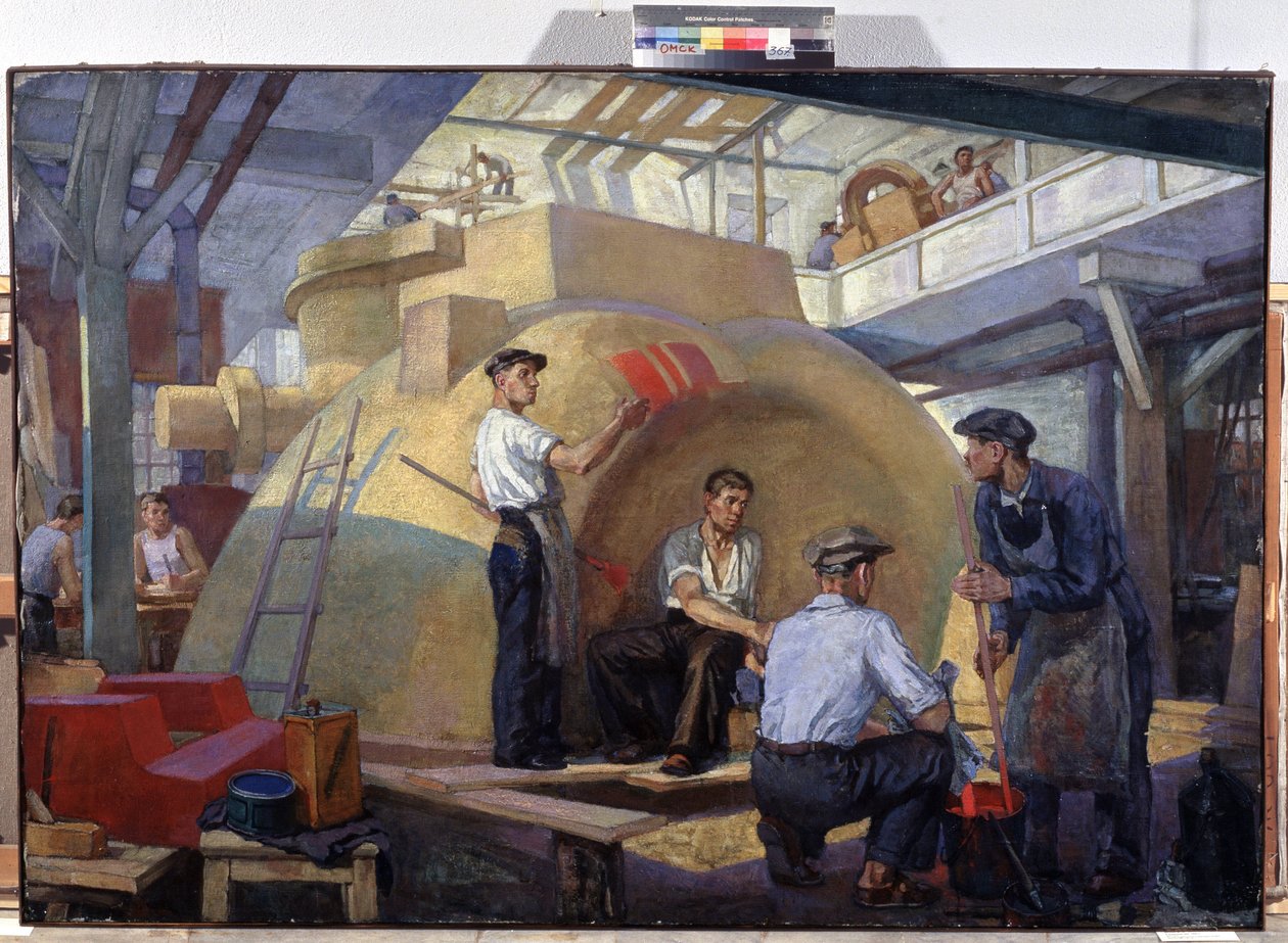 Construção de modelos. Pintura de Veniamin Pavlovich Belkin (1884-1951), óleo sobre tela, ca. 1930. Arte russa, século XX. Propaganda soviética. Museu Regional de Arte M.Vrubel, Omsk (Rússia) de Veniamin Pavlovich Belkin