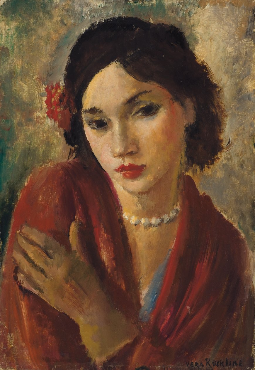 Uma senhora elegante com um colar de pérolas (óleo sobre tela) de Vera Rockline