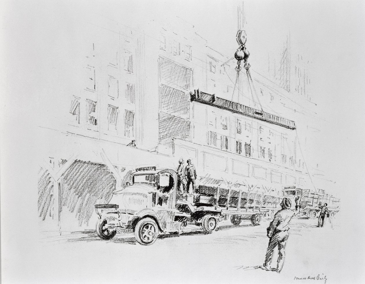 Viga de aço a ser içada do camião, para ser utilizada na construção do Empire State Building, publicada por William Edwin Rudge de Vernon Howe Bailey