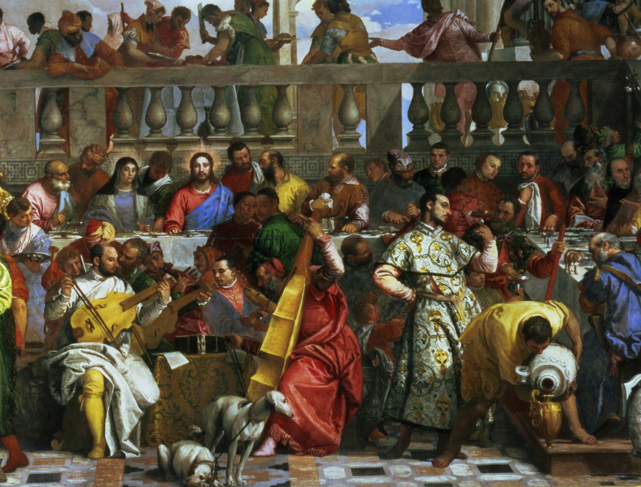 A festa do casamento em Caná, detalhe de músicos e cães, c.1562 óleo sobre tela detalhe de 94932 de Paolo Veronese