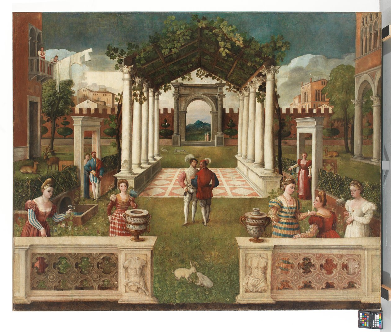 Um jardim de arquitetura clássica com figuras elegantes, uma paisagem montanhosa mais além, c. 1530 (óleo sobre tela) de Veronese School