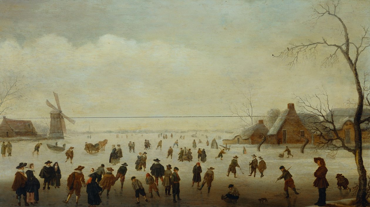 Paisagem de inverno com inúmeros skatistas, jogadores de golfe e camponeses em cursos de água congelados de Verstralen