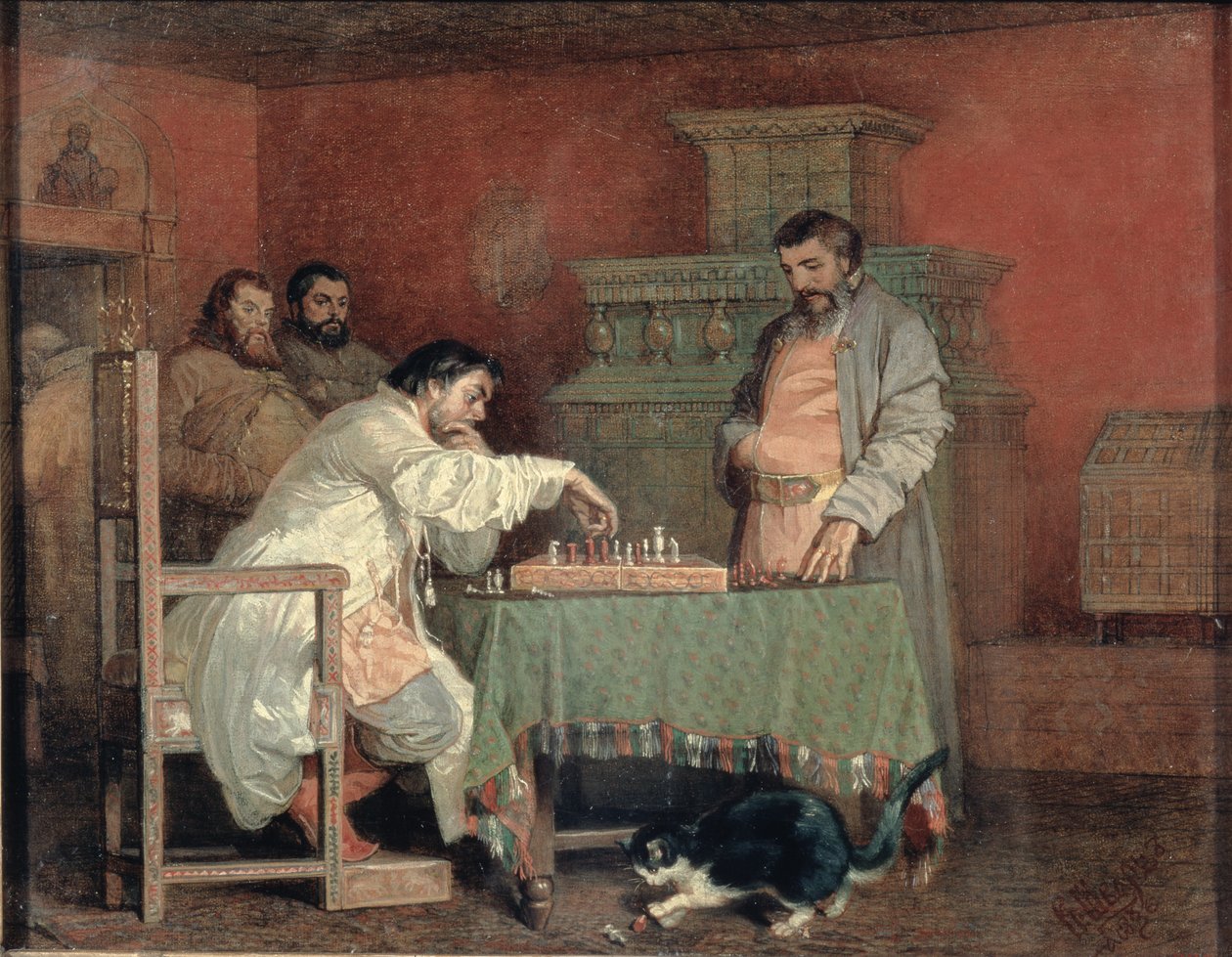 Cena da vida do czar russo: jogando xadrez, 1865 de Viatcheslav Grigorievitch Schwarz