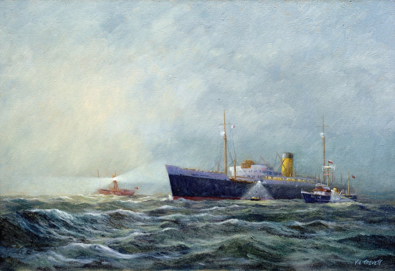 Um pathfinder (barco a motor de dois lugares), deixando um avião em frente ao barco-farol (barco-farol) ao largo de Harwich (Inglaterra). Óleo sobre tela de Vic Trevett () de Vic Trevett