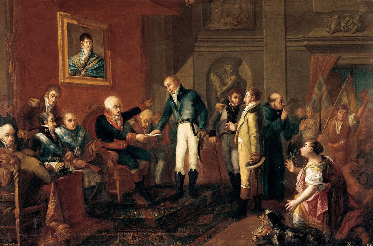 Guerra da Independência Espanhola: "" o Capitão General de Valência encontra-se com o Cônsul britânico pouco antes da invasão francesa " (pintura) de Vicent Castello Amat