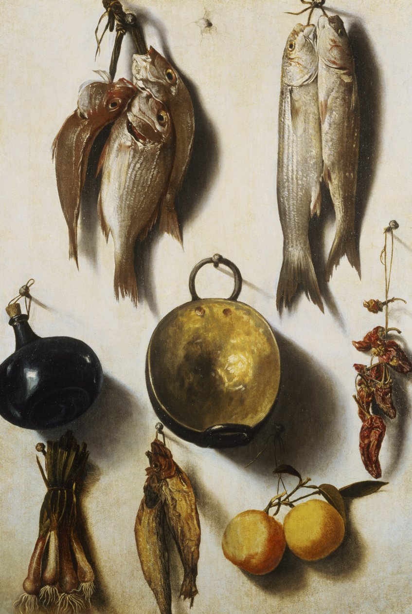 Um Trompe L&39;Oeil de Peixe, Utensílios de Cozinha, Legumes e Frutas de Vicente Victoria or Vitoria