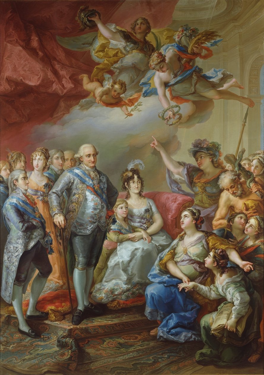 Espanhol: Comemoração da visita de Carlos IV e da sua família à Universidade de Valência, em 1802. A Universidade Literária da cidade presenteou o monarca com este quadro que mostra a própria Universidade, encarnada numa jovem matrona, a apresentar ao mona de Vicente López Portaña