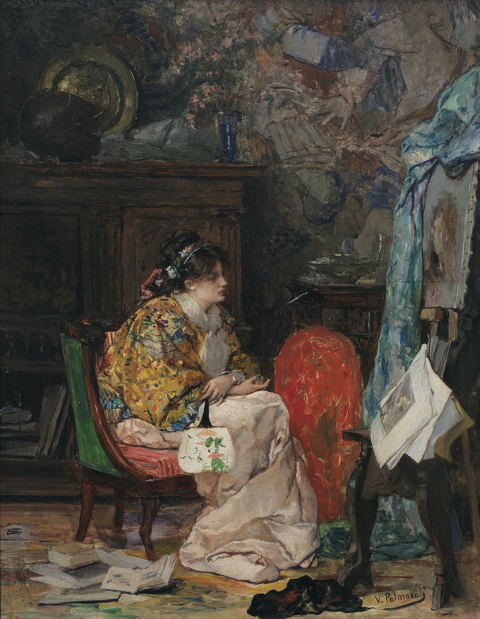 Um modelo no estúdio de artistas de Vicente Palmaroli y Gónzalez