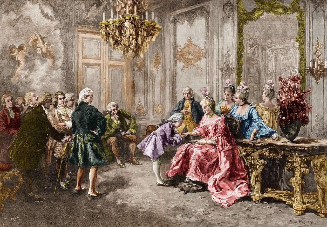 Wolfang Amadeus Mozart (1756-1791) em Madame (Marquise) de Pompadour (A família de Mozart, durante a turnê na Europa) (1763-1766). Gravura após a pintura de M. V. de Paredes. de Vicente de (after) Paredes