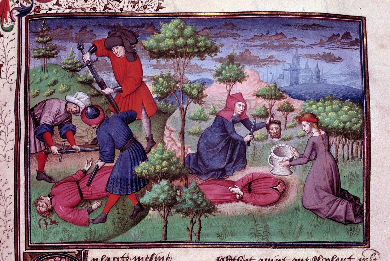 Cena de homicídio de dois homens cujos assassinos cortaram-lhes a cabeça. Página de um manuscrito em francês do "Decameron" de Giovanni Boccaccio dit Jean Boccace (1313-1375), escritor italiano, iluminado pelo Mestre de Mansel. 1450. Paris, Biblioteca do A de Vicente de Paredes