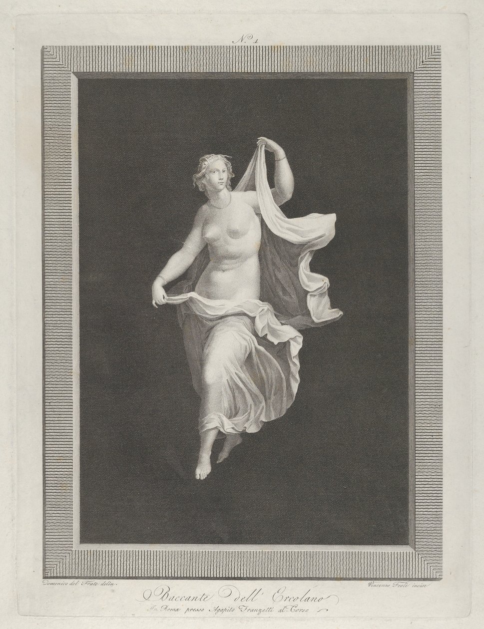 Uma bacante parcialmente nua avançando e segurando as pontas de suas cortinas em cada ..., ca. 1795-1820 de Vicenzo Feoli