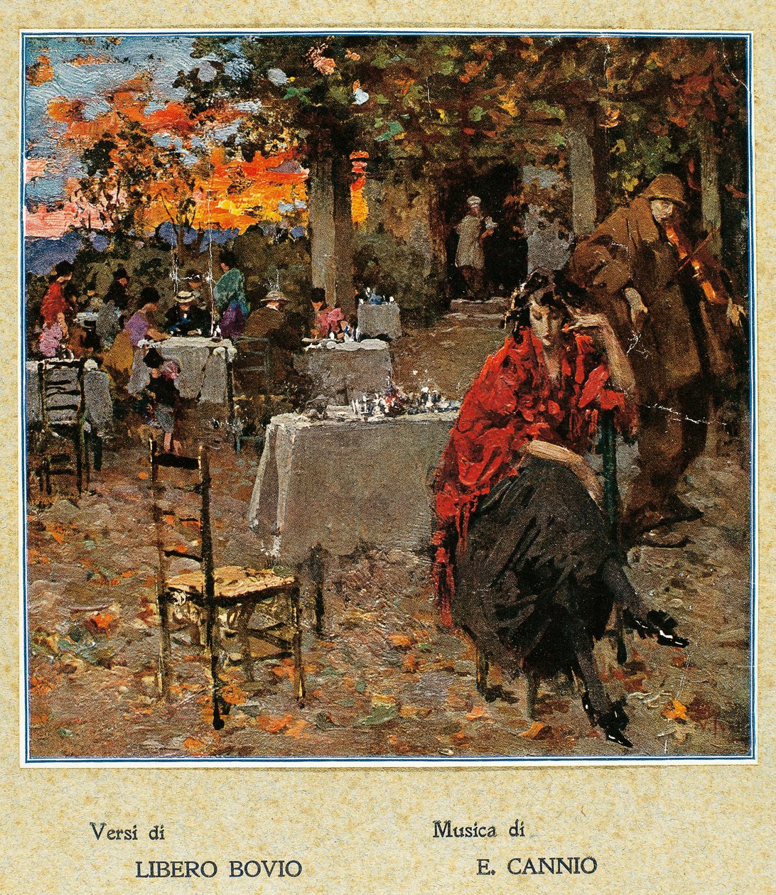 Restaurante ao ar livre, ilustração para uma colecção de canções napolitanas. Itália, século XX. (ilustração) de Vicenzo Irolli