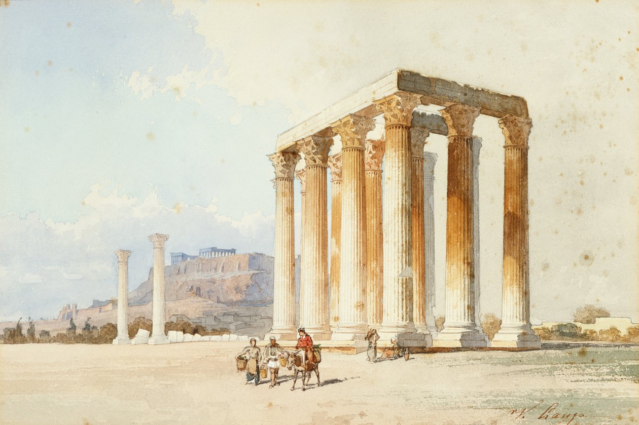 Templo de Zeus com Acrópole, Parthenon, Atenas (aguarela e cor de corpo) de Vicenzo Lanza