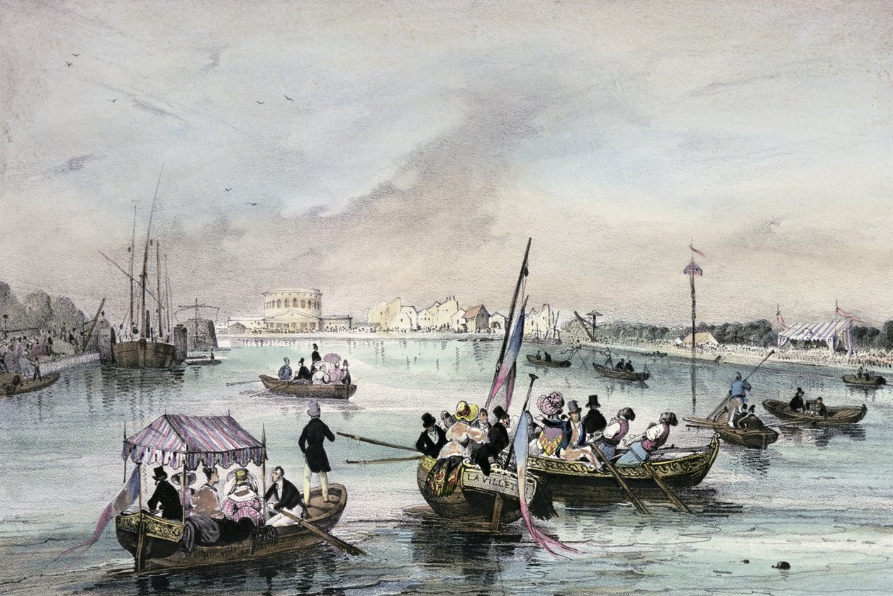 Justa na água, &39;Festas locais em torno de Paris&39;, série, 1830, La Villette de Victor Adam