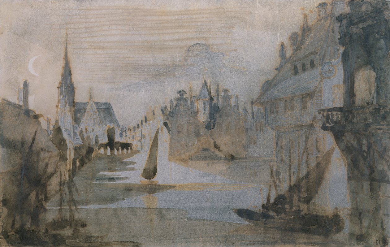 Um porto em Flandres (caneta e tinta, lápis e papel) de Victor Hugo