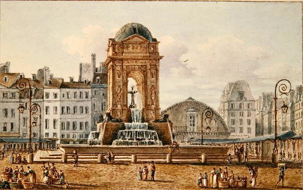 Vista do lugar e da fonte no Marche des Innocents, Paris, c.1810 (wc no papel) de Victor Jean Nicolle