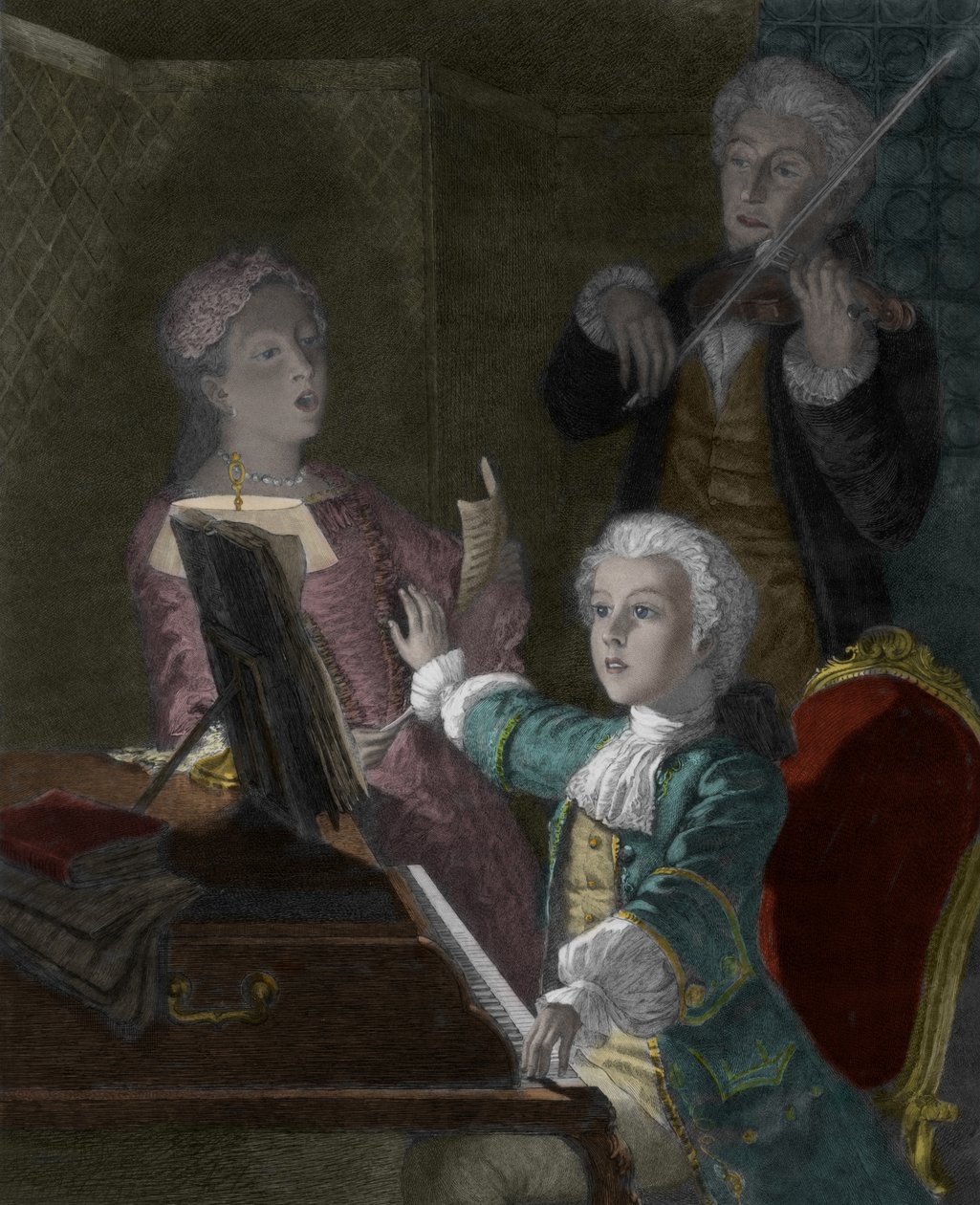 Wolfgang Amadeus Mozart com seu pai, Leopold e irmã, Marie-Anne de Victor Louis Focillon
