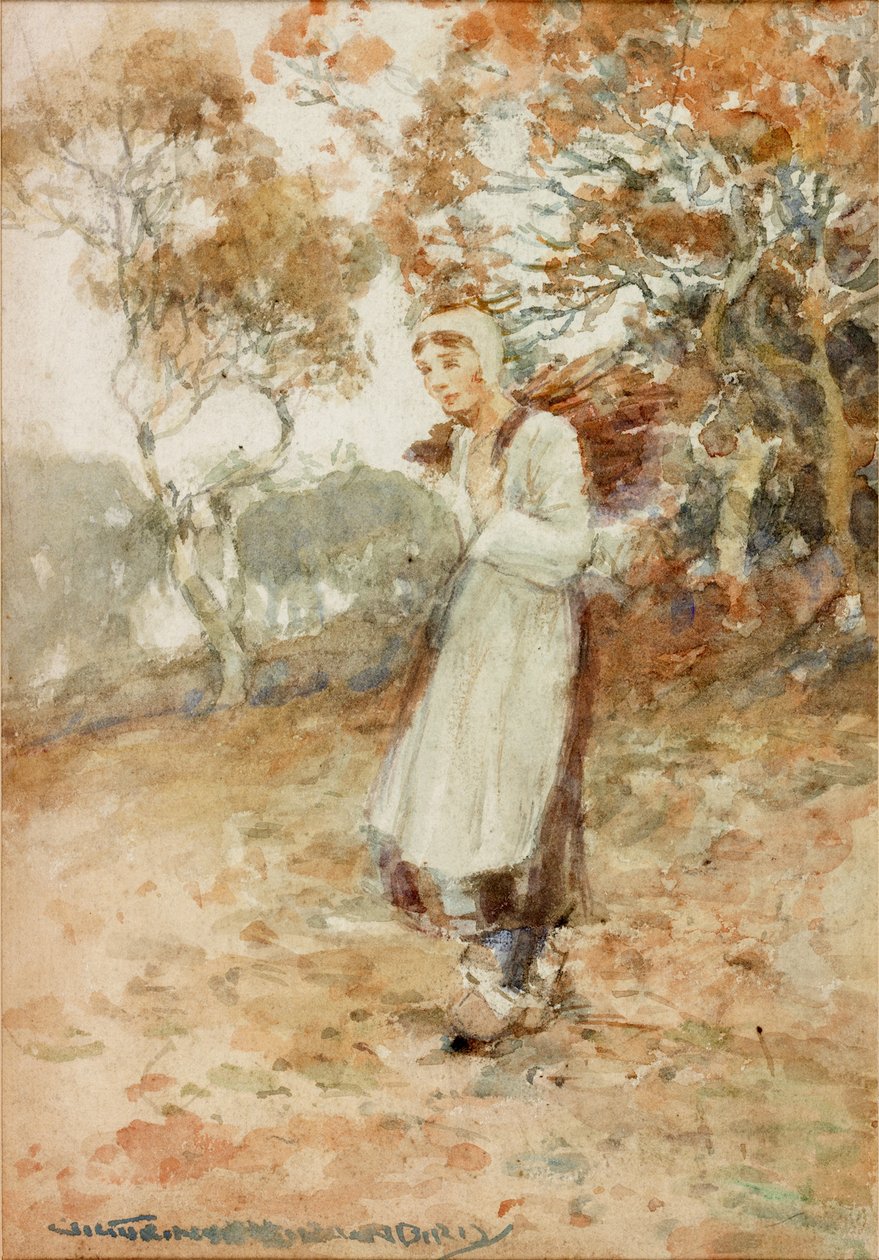 Menina carregando um pacote de varas (aquarela sobre papel) de Victor Noble Rainbird