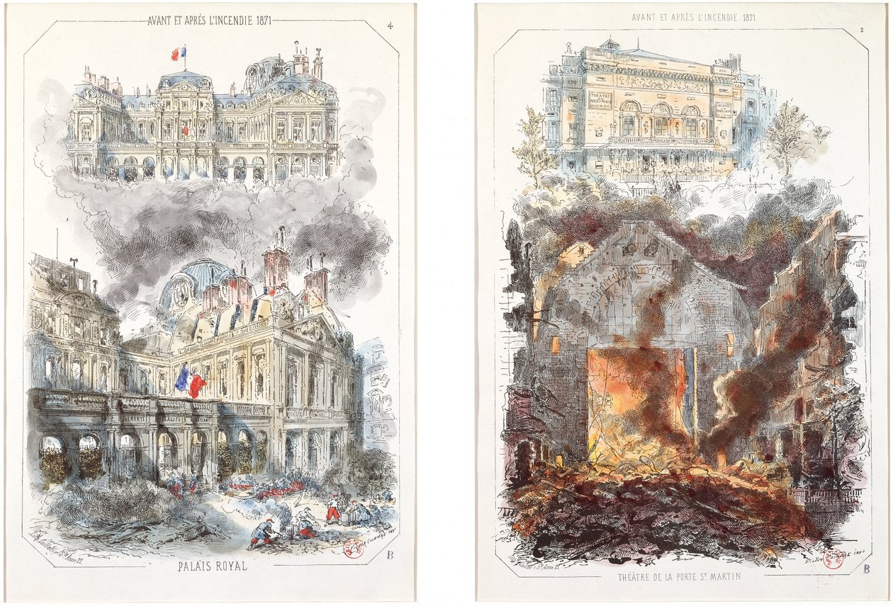 O Palais Royal e o Teatro de Porte Saint-Martin antes e depois do incêndio de 1871 de Victor after Coindre