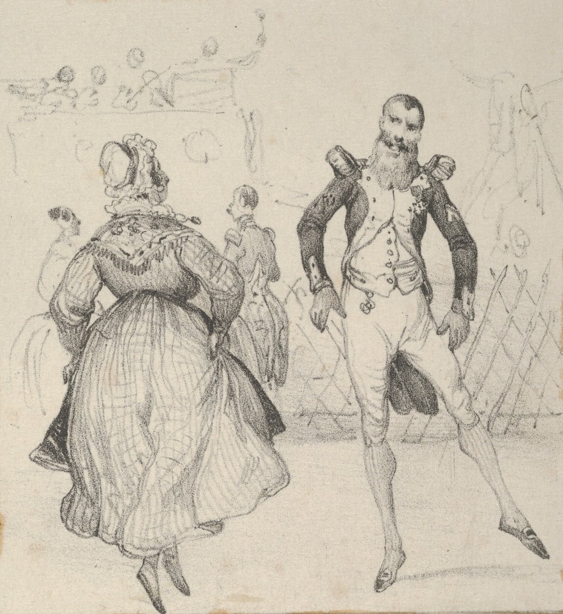 Um soldado e uma mulher dançando, meados do século XIX. de Victor Adam