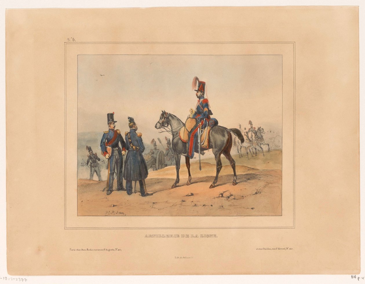 Artilharia da linha
Artillerie de la ligne (título sobre o objecto)
Militaire rangen en kostuums van het Franse leger em 1832 (título da série)
Colecção de trajes militares, exército francês 1832, representados em temas de género (título da série) de Victor Adam
