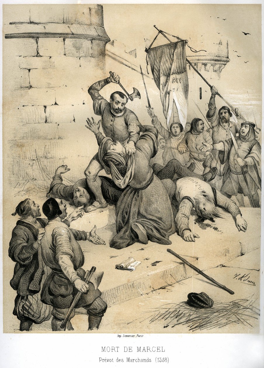 Assassinato de Etienne Marcel, rico desenhador e Prevot des merchants (1316-1358) pelo echevin Jean Maillart, um dos líderes do partido monárquico, em julho de 1358. Gravura de Victor Adam (1801-1866) no livro "A França na Idade Média" publicado de Victor Adam