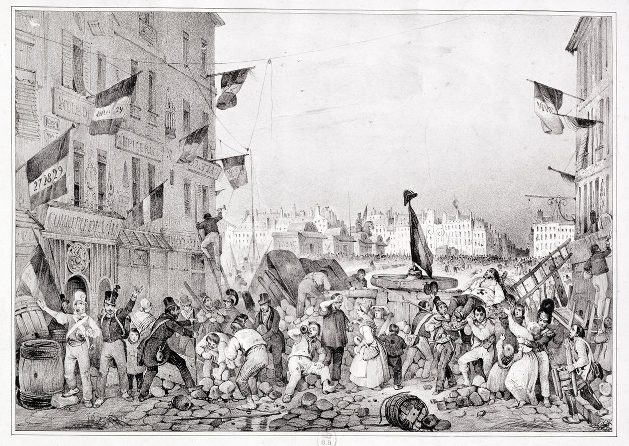 Barricada na Rue Dauphine, 29 de julho de 1830, gravada por H. Delaporte de Victor Adam