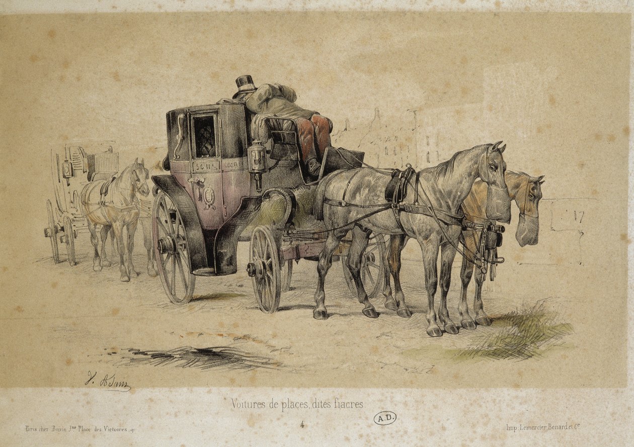 Carros chamados fiacres - Litografia de Adam, v.1840 de Victor Adam
