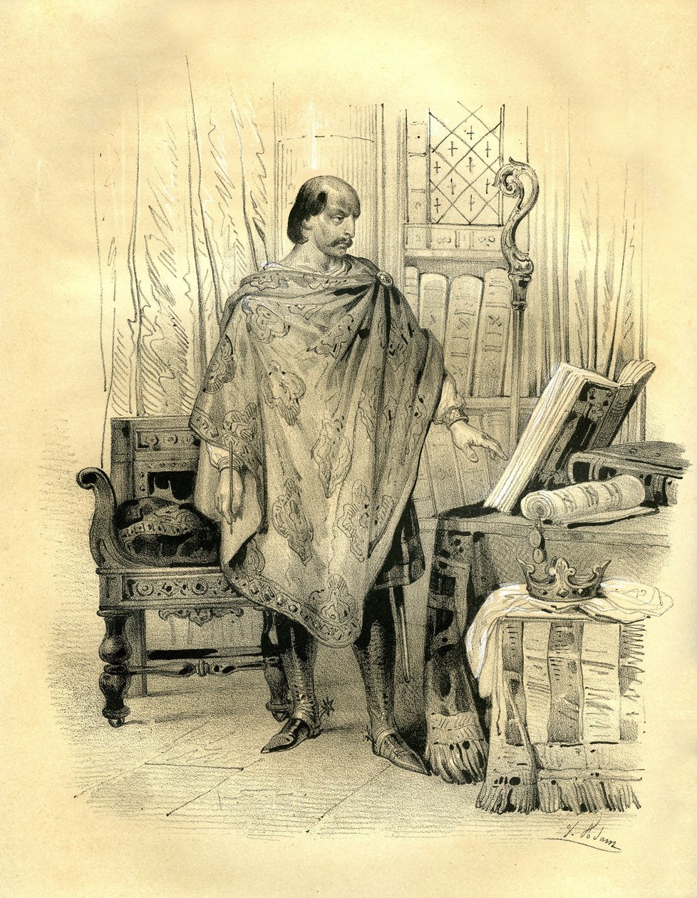 Carlos 2, o Calvo (823-877) Rei da Aquitânia (838), Rei da França Ocidental (840), Rei da Lorena e da Borgonha (869), Imperador do Ocidente (875). Gravura de Victor Adam (1801-1866) no livro "A França na Idade Média" publicado pela editora Ardant de Victor Adam