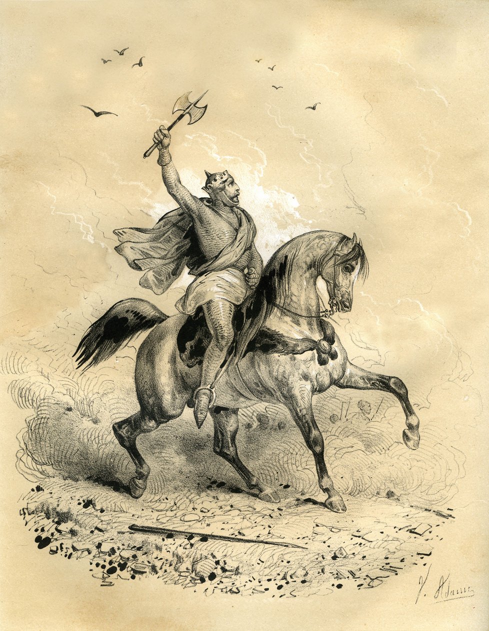 Carlos Martel (688-741) venceu as tropas árabes em Poitiers, em 732. Gravura de Victor Adam (1801-1866) no livro "A França na Idade Média", publicado pelos irmãos Ardant em meados do século XIX. de Victor Adam