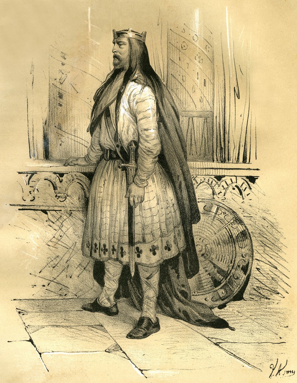Clodion, o Cabelo, chefe dos francos salianos desde cerca de 428 até à sua morte em 447, provável antepassado dos merovíngios. Gravura de Victor Adam (1801-1866) no livro "A França na Idade Média", publicado pelos irmãos Ardant em meados do século XVI. de Victor Adam