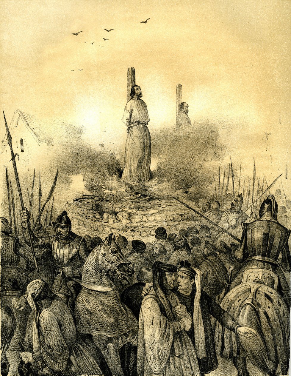Morte no talho de Jacques de Molay (Molai) (1243-1314), último grande mestre da Ordem dos Templários (1298). Philippe le Bel manda-o prender (1307), tortura-o e aprisiona-o antes de o queimar vivo, juntamente com o comandante da Normandia, Geoffroy de Char de Victor Adam