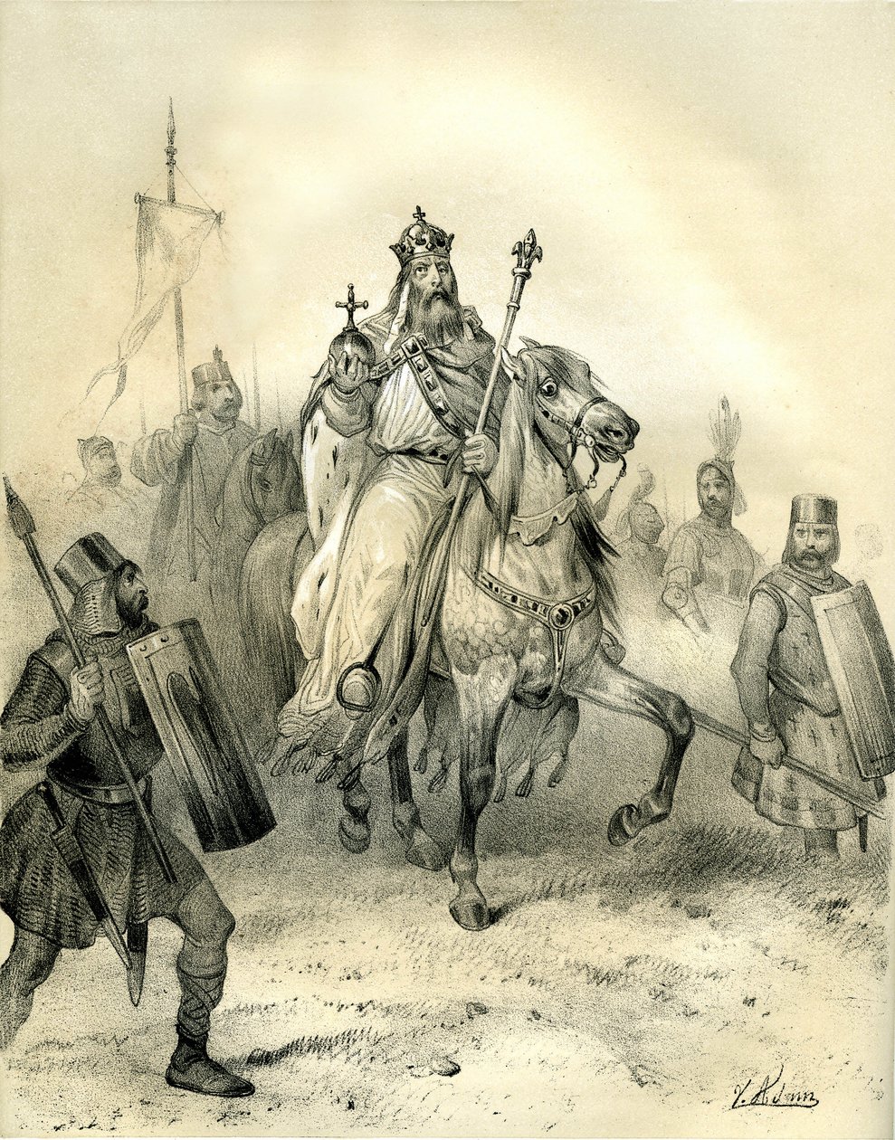 O imperador Carlos Magno, ostentando os emblemas do poder, cavalga à frente das suas tropas de soldados com armadura. Gravura de Victor Adam (1801-1866) no livro "A França na Idade Média", publicado pelos irmãos Ardant em meados do século XIX. de Victor Adam