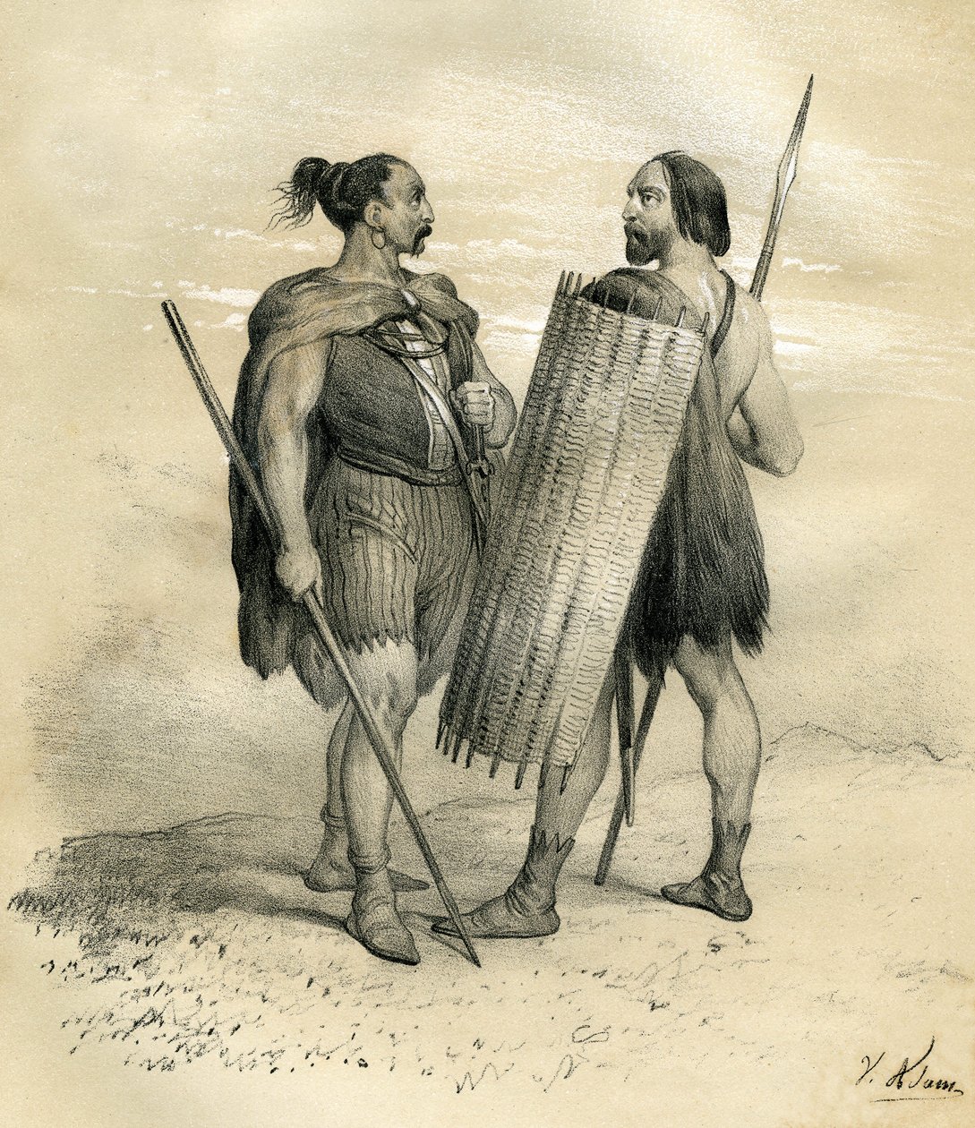 Guerreiros francos e sicambres por volta do ano 254. Os Sicambres eram um povo germânico a sul do Lippe, subordinado pelos romanos no século VIII e depois integrado no povo franco. Gravura de Victor Adam (1801-1866) no livro "France in t de Victor Adam