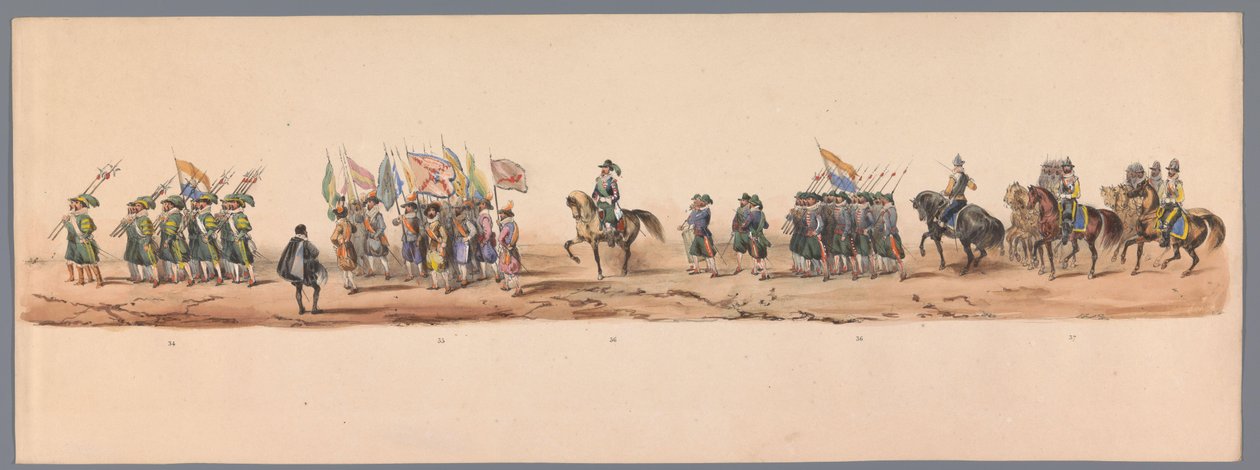 Concurso histórico no segundo centenário da Universidade de Utrecht, 1836 (placa 9)
Procissão do exército holandês a Ostende, a 3 de Julho de 1600, no dia seguinte à vitória em Nieuwpoort; de acordo com a representação fantasiada, dada por H H H Student de Victor Adam