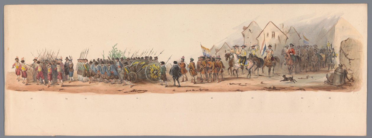 Concurso histórico por ocasião do segundo centenário da Universidade de Utrecht, 1836 (placa 10)
Procissão do exército holandês a Ostende, a 3 de Julho de 1600, no dia seguinte à vitória em Nieuwpoort; de acordo com a representação fantasiada, dada por H  de Victor Adam