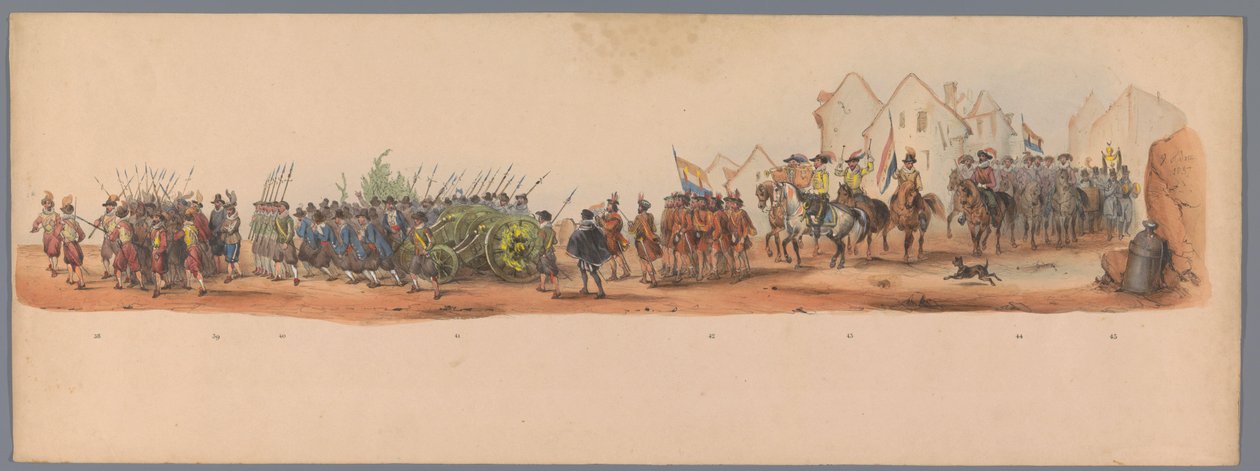 Concurso histórico por ocasião do segundo centenário da Universidade de Utrecht, 1836 (placa 10)
Procissão do exército holandês a Ostende, a 3 de Julho de 1600, no dia seguinte à vitória em Nieuwpoort; de acordo com a representação fantasiada, dada por H  de Victor Adam