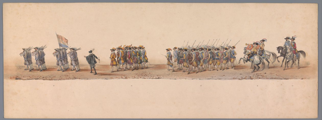 Concurso histórico no segundo centenário da Universidade de Utrecht, 1836 (placa 4)
Procissão do exército holandês a Ostende, a 3 de Julho de 1600, no dia seguinte à vitória em Nieuwpoort; de acordo com a representação fantasiada, dada por H H H Student de Victor Adam