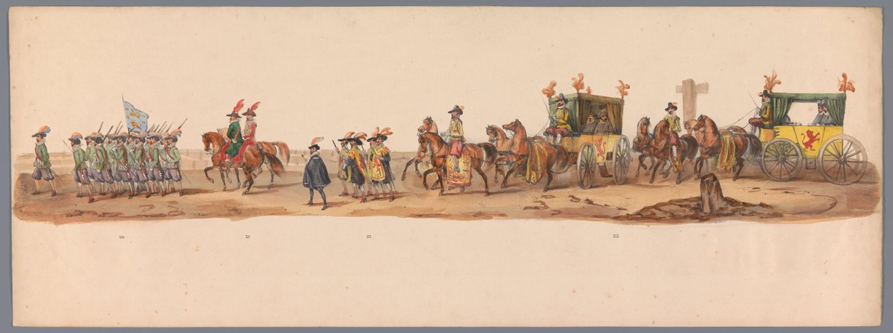 Procissão histórica no segundo centenário da Universidade de Ciências Aplicadas de Utrecht, 1836 (placa 6) Aproximação dos exércitos holandeses a Ostende, 3 de julho de 1600, um dia após a vitória em Nieuwpoort; de acordo com a representação fantasiada dad de Victor Adam