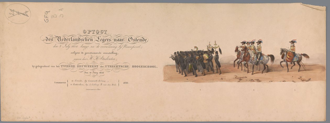 Concurso histórico por ocasião do segundo centenário da Universidade de Utrecht, 1836 (impressão do título)
Procissão do exército holandês a Ostende, a 3 de Julho de 1600, no dia seguinte à vitória em Nieuwpoort; de acordo com a representação fantasiada,  de Victor Adam