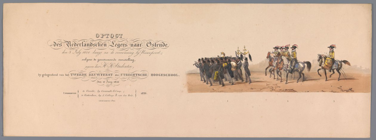 Concurso histórico por ocasião do segundo centenário da Universidade de Utrecht, 1836 (impressão do título)
Procissão do exército holandês a Ostende, a 3 de Julho de 1600, no dia seguinte à vitória em Nieuwpoort; de acordo com a representação fantasiada,  de Victor Adam